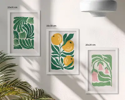 Photo frame wall with minimalist plant patterns of fruits and leaves