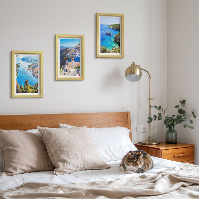 Framed triptych Greek seaside views and Santorini town of Oia