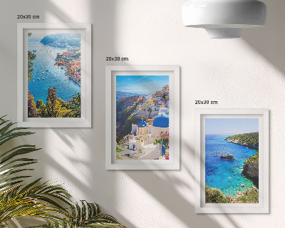 Framed triptych Greek seaside views and Santorini town of Oia
