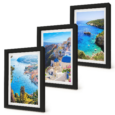 Framed triptych Greek seaside views and Santorini town of Oia