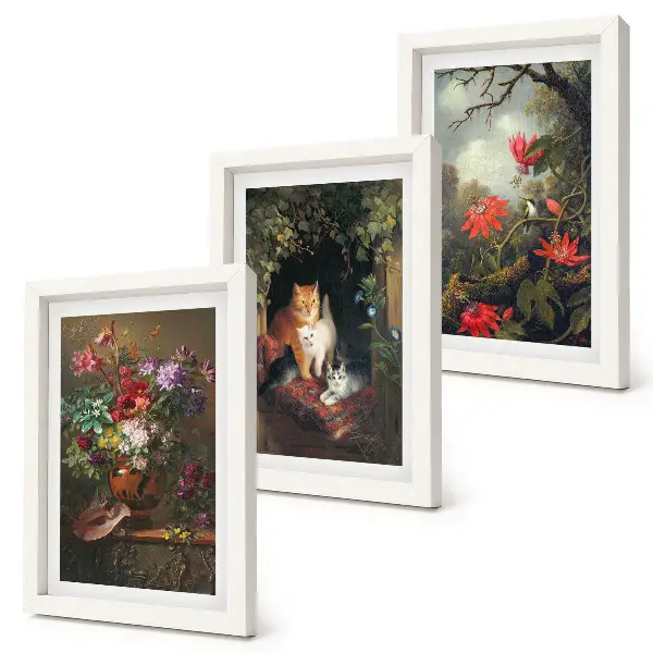 3-piece wall art set featuring vintage flowers, cats, and plants in nature