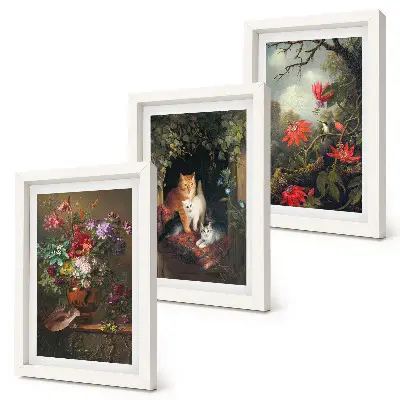 3-piece wall art set featuring vintage flowers, cats, and plants in nature