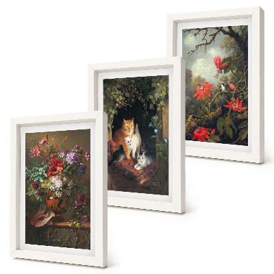 3-piece wall art set Vintage flowers cats and plants in nature