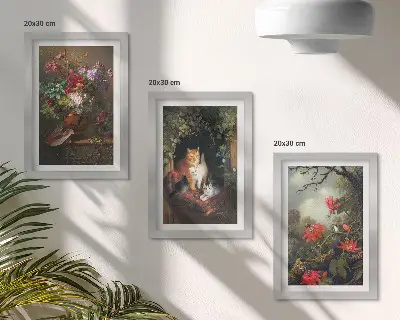 3-piece wall art set featuring vintage flowers, cats, and plants in nature