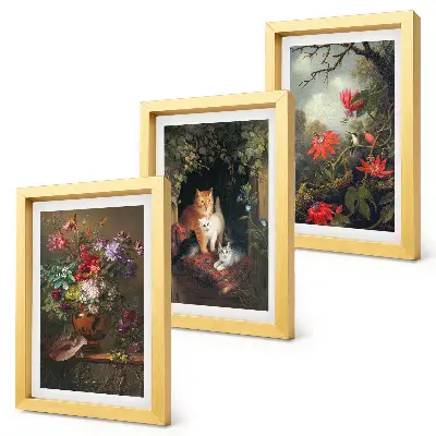 3-piece wall art set featuring vintage flowers, cats, and plants in nature