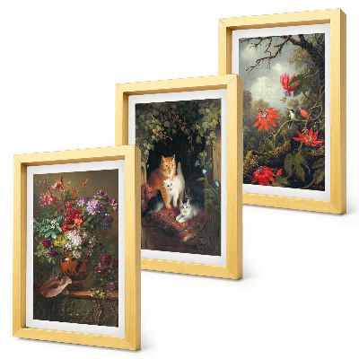 3-piece wall art set Vintage flowers cats and plants in nature