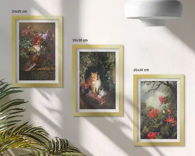 3-piece wall art set featuring vintage flowers, cats, and plants in nature