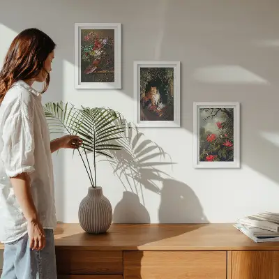 3-piece wall art set featuring vintage flowers, cats, and plants in nature