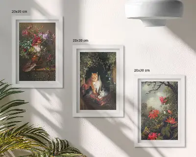 3-piece wall art set featuring vintage flowers, cats, and plants in nature