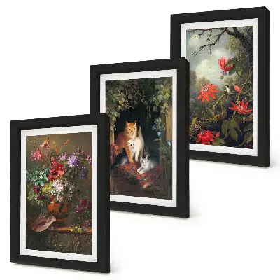 3-piece wall art set featuring vintage flowers, cats, and plants in nature