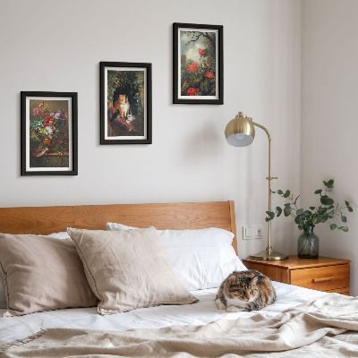 3-piece wall art set Vintage flowers cats and plants in nature