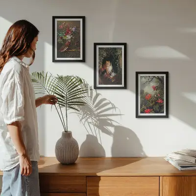 3-piece wall art set featuring vintage flowers, cats, and plants in nature