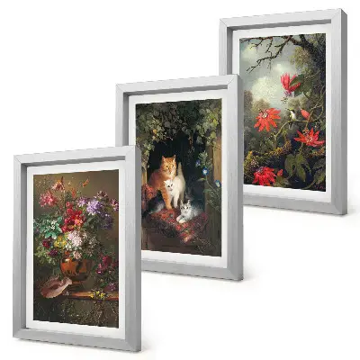 3-piece wall art set featuring vintage flowers, cats, and plants in nature