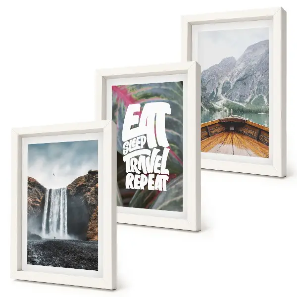 Photo frame wall waterfall, mountain, and nature landscape with boat and vegetation
