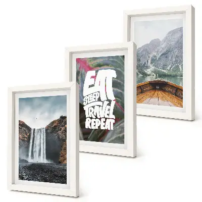 Photo frame wall waterfall, mountain, and nature landscape with boat and vegetation