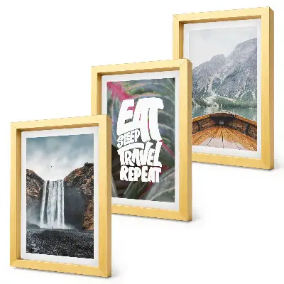 Photo frame wall waterfall, mountain, and nature landscape with boat and vegetation