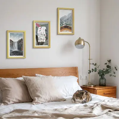 Photo frame wall waterfall, mountain, and nature landscape with boat and vegetation