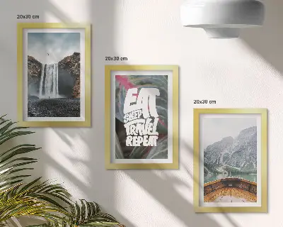 Photo frame wall waterfall, mountain, and nature landscape with boat and vegetation