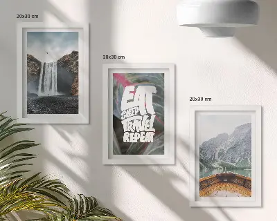 Photo frame wall waterfall, mountain, and nature landscape with boat and vegetation