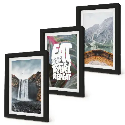 Photo frame wall waterfall, mountain, and nature landscape with boat and vegetation