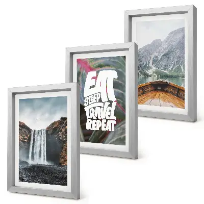 Photo frame wall waterfall, mountain, and nature landscape with boat and vegetation