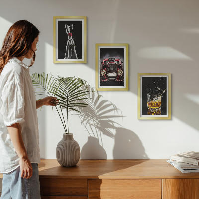 Framed triptych Female legs with a rose, an old car, and a glass of whiskey
