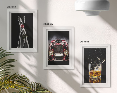 Framed triptych Female legs with a rose, an old car, and a glass of whiskey