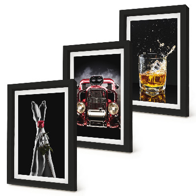 Framed triptych Female legs with a rose, an old car, and a glass of whiskey