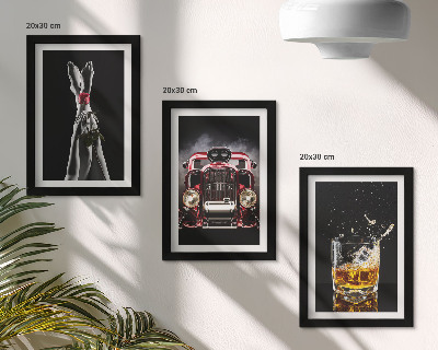 Framed triptych Female legs with a rose, an old car, and a glass of whiskey
