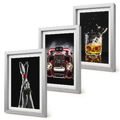 Framed triptych Female legs with a rose, an old car, and a glass of whiskey