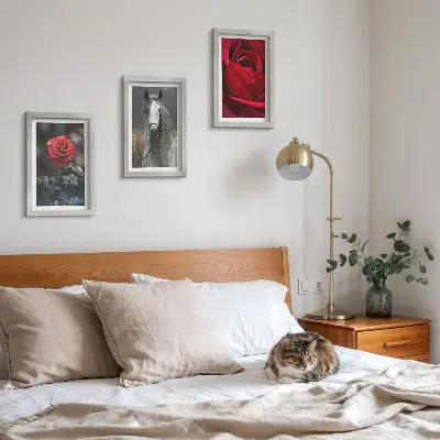3-piece wall art set featuring red roses and a horse in a gray setting