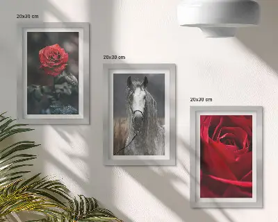 3-piece wall art set featuring red roses and a horse in a gray setting