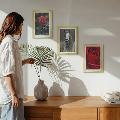 3-piece wall art set featuring red roses and a horse in a gray setting