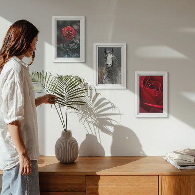 3-piece wall art set Red roses and a horse in a gray setting