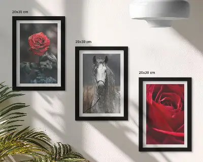 3-piece wall art set featuring red roses and a horse in a gray setting