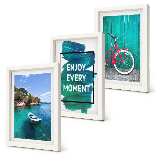 Photo frame wall Sea view with boat bicycle inspirational inscription