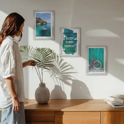 Photo frame wall sea view with a boat, bicycle, and inspirational inscription