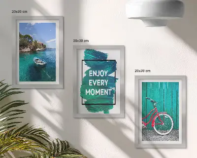 Photo frame wall sea view with a boat, bicycle, and inspirational inscription