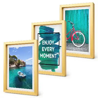 Photo frame wall sea view with a boat, bicycle, and inspirational inscription