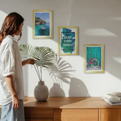 Photo frame wall sea view with a boat, bicycle, and inspirational inscription