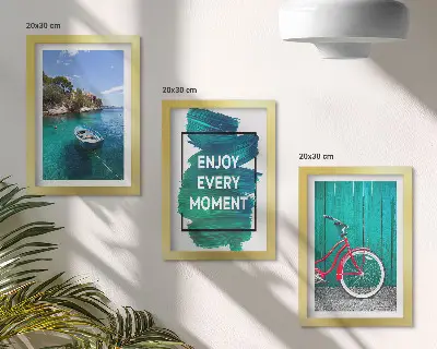 Photo frame wall sea view with a boat, bicycle, and inspirational inscription