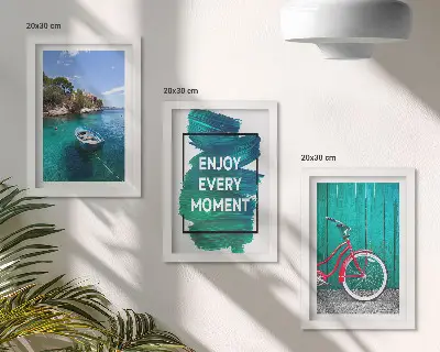 Photo frame wall sea view with a boat, bicycle, and inspirational inscription