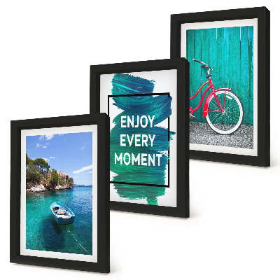 Photo frame wall Sea view with boat bicycle inspirational inscription