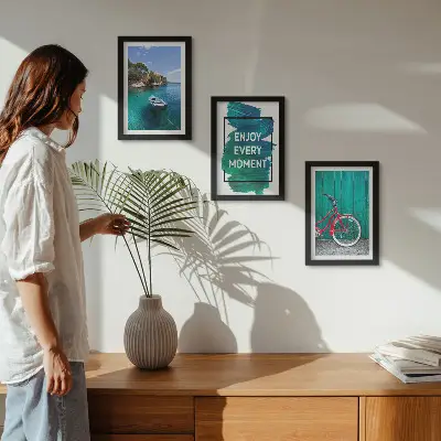 Photo frame wall sea view with a boat, bicycle, and inspirational inscription