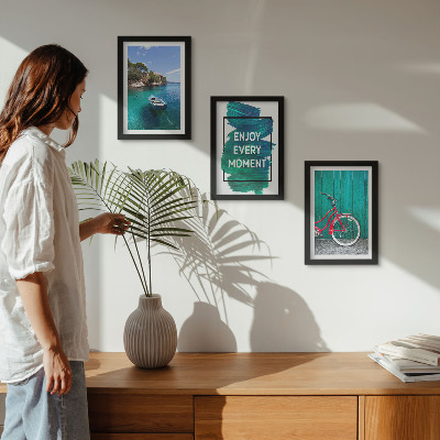 Photo frame wall Sea view with boat bicycle inspirational inscription