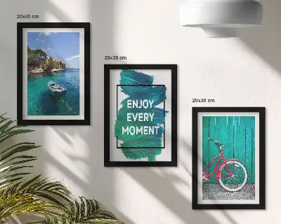 Photo frame wall sea view with a boat, bicycle, and inspirational inscription