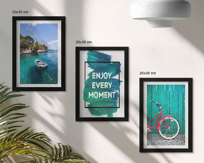 Photo frame wall Sea view with boat bicycle inspirational inscription