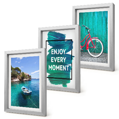 Photo frame wall Sea view with boat bicycle inspirational inscription