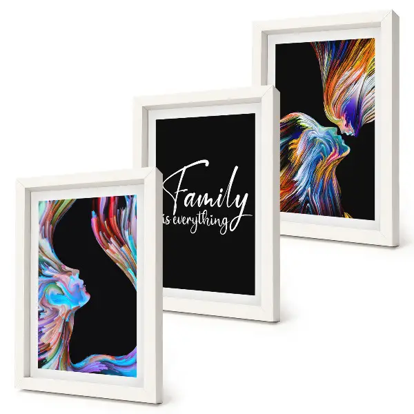 Framed triptych Portraits of people in colorful patterns and an inscription about family