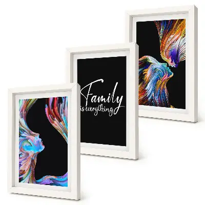 Framed triptych Portraits of people in colorful patterns and an inscription about family